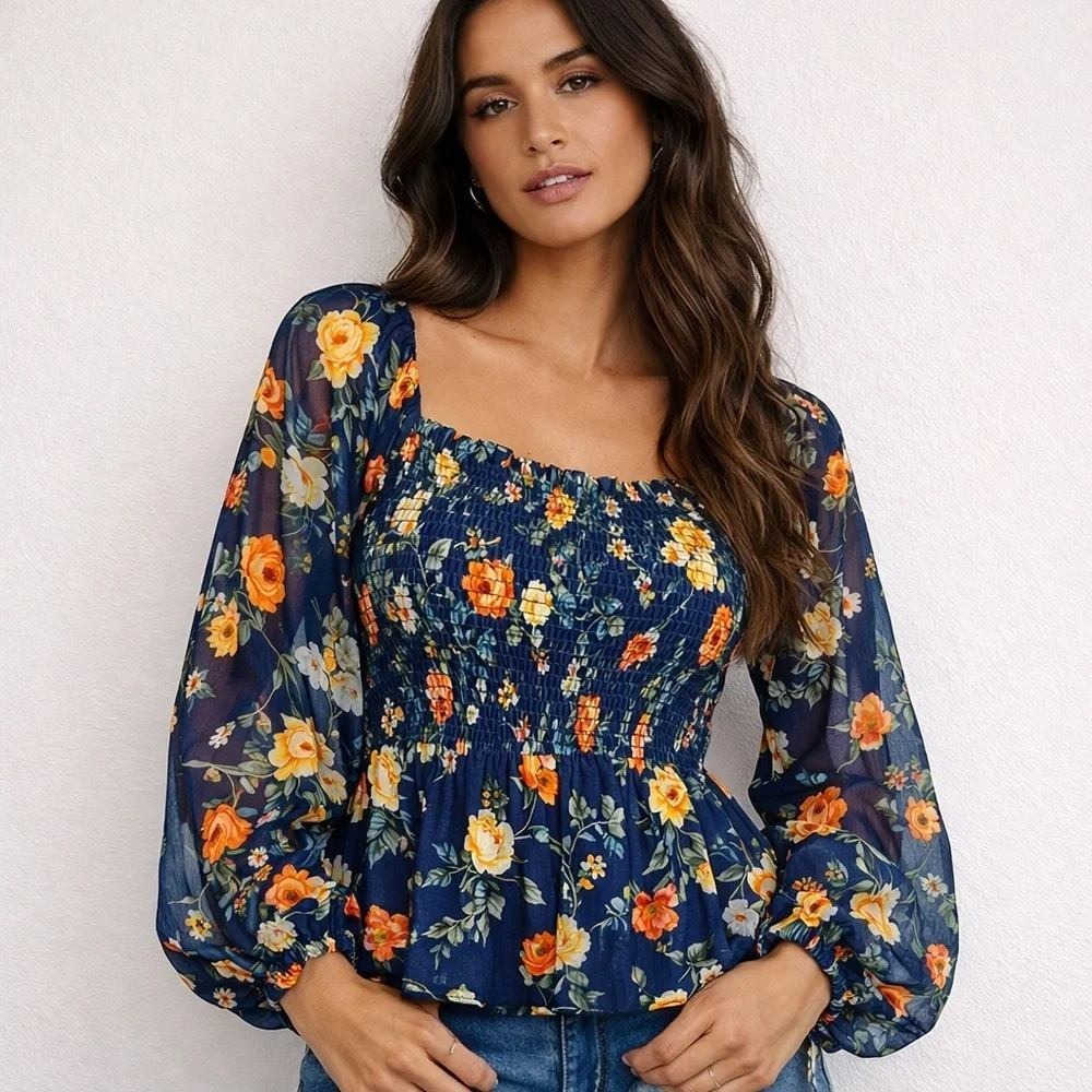 Baltic‎ Born Blue Orange Green Floral Smocked Babydoll Blouse Small Boho Cottage